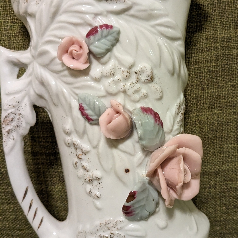 Wales Vintage Creamer/Pitcher Porcelain White W/ Raised Pink Roses Gold Trim - Picture 2 of 5